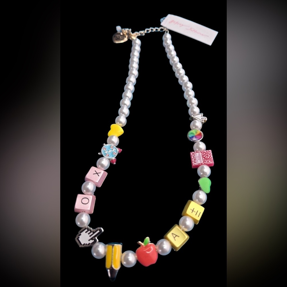 BETSEY JOHNSON Back to School Faux Pearls Multiple Charm Necklace Viral NEW NWT